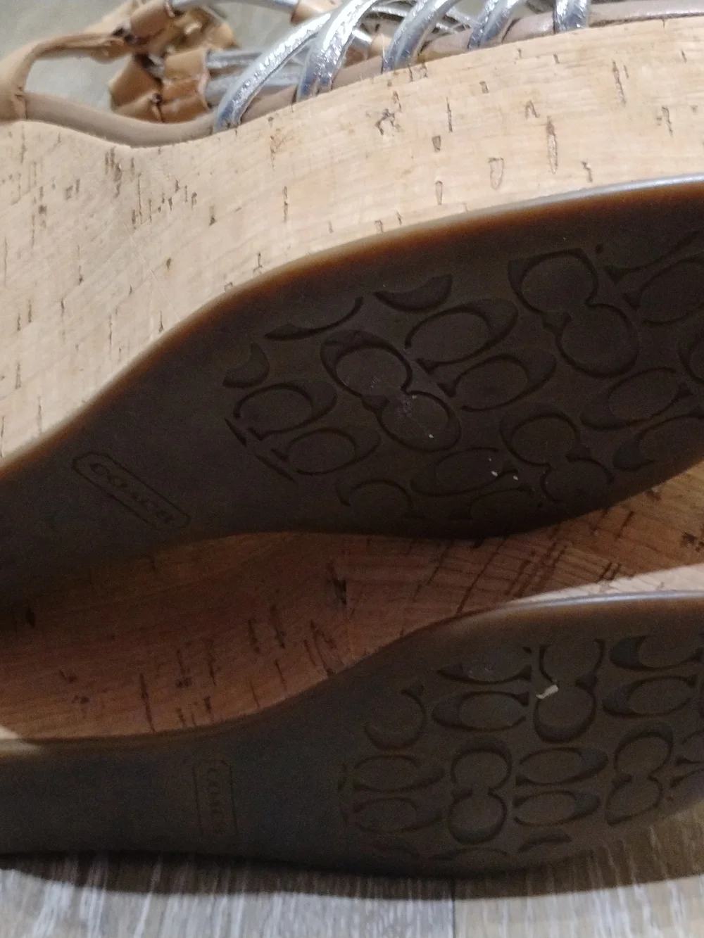 Coach Georgina Wedge Sandals with Cork Platform - Silver & Tan Size 6.5